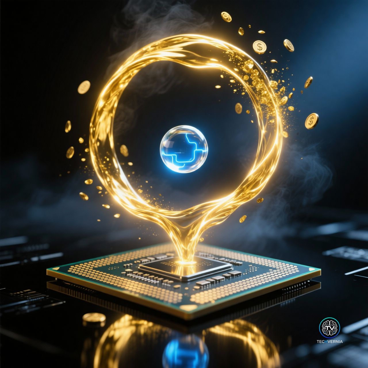 A closed loop of glowing molten gold light rising from a silicon processor and plunging back into the same chip, with a small blue-lit glass sphere suspended inside the circle on a dark reflective surface