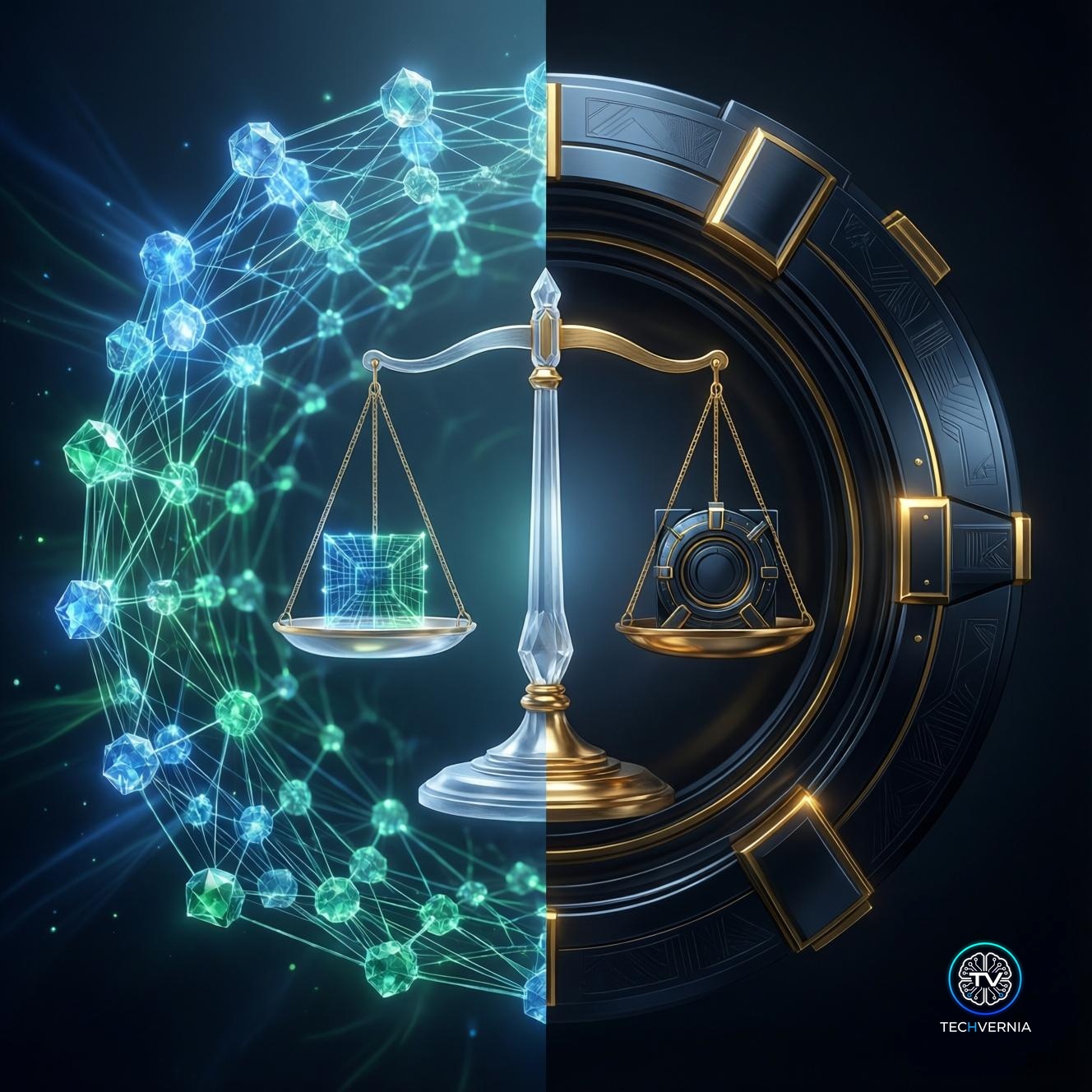 Open Source vs Closed Source AI — balance scale between open neural network and closed vault
