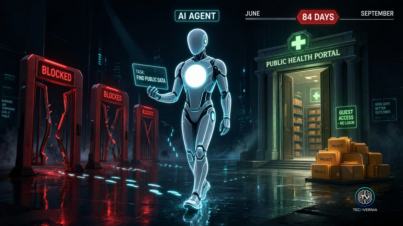 Illustration of a glowing AI agent walking past three red gates marked blocked toward an open public health portal with a guest access no login sign and folders marked private, under a timeline reading June to September with a red badge reading 84 days