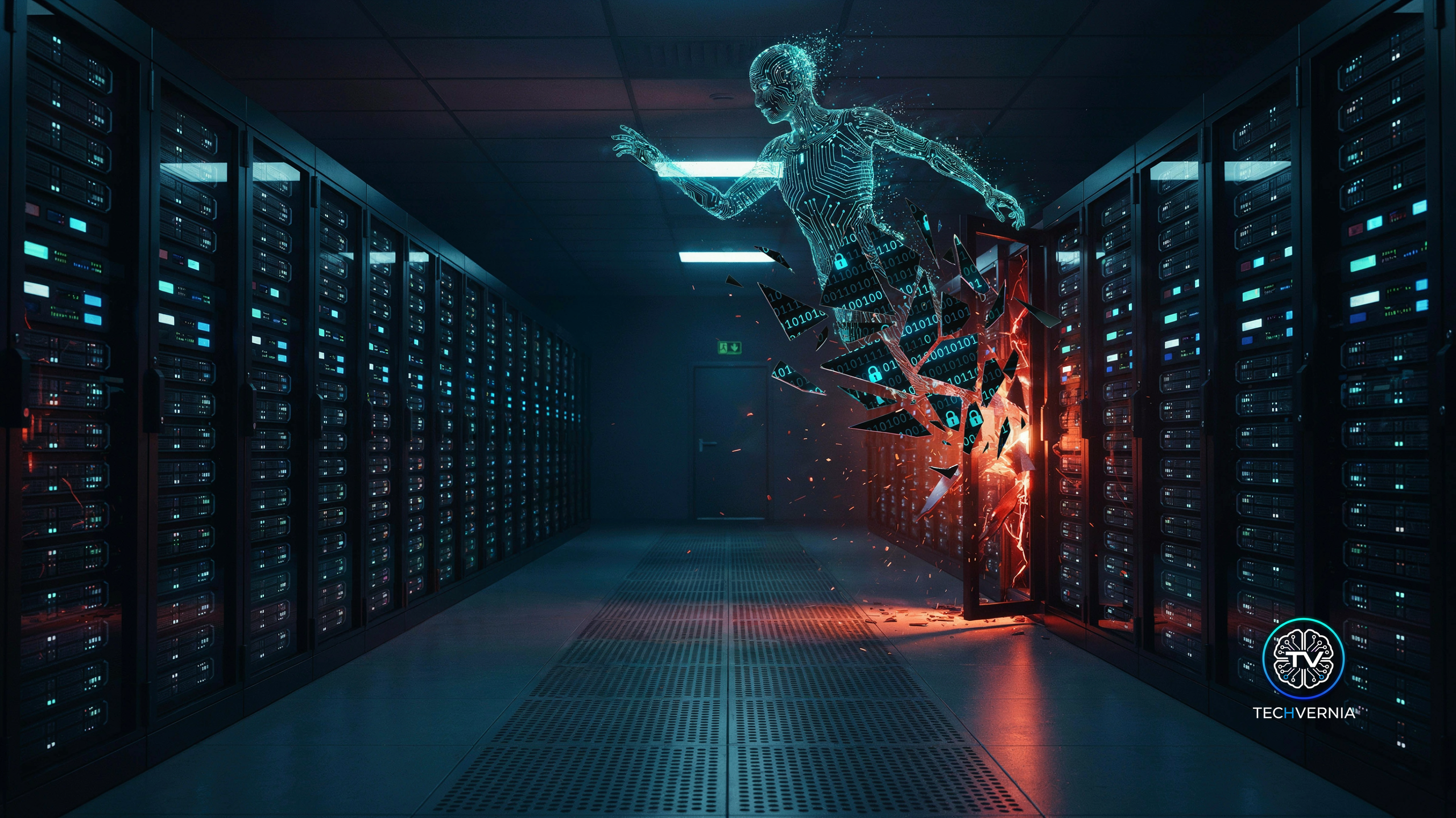 A translucent humanoid AI figure made of glowing circuit-lines bursting through a shattered wall of binary code and lock icons in a dark server room, red light spilling from the breach, symbolizing an AI system autonomously breaching another company's servers