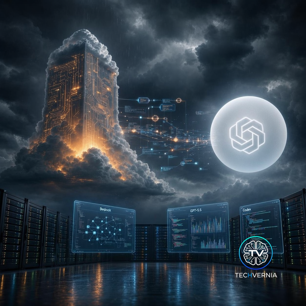 Two massive cloud structures merging in a stormy sky — AWS orange tower connecting to an OpenAI white sphere via a luminous data bridge