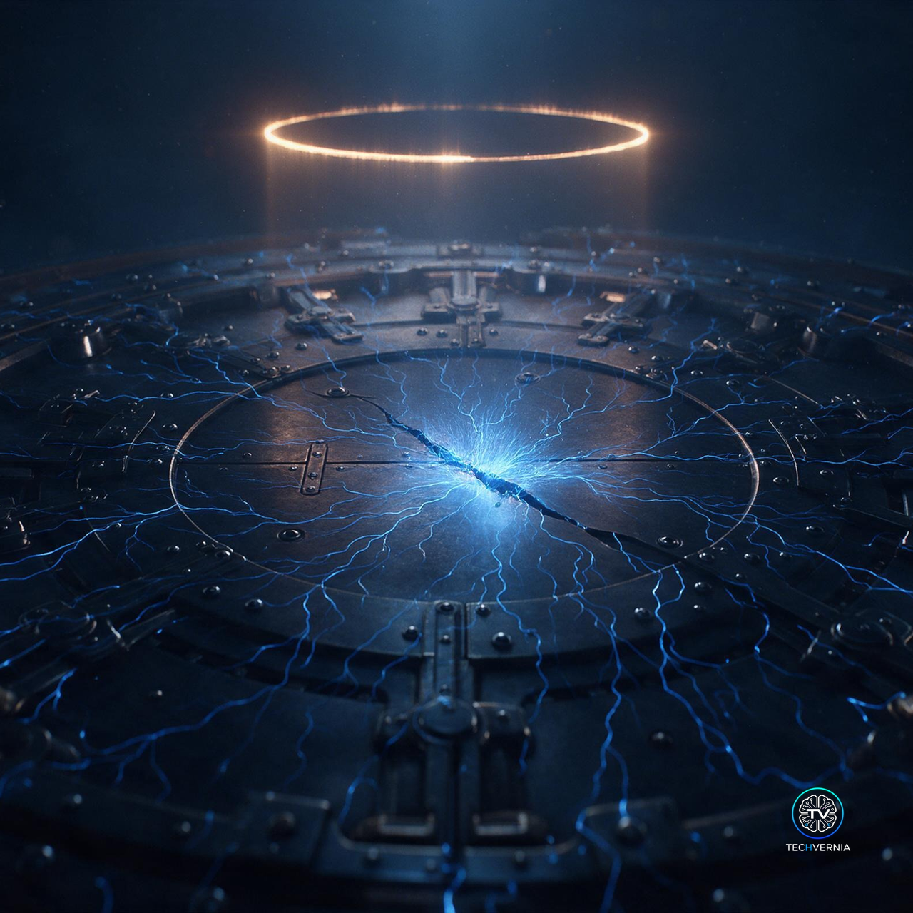 A colossal dark steel vault door seen from above, thousands of branching electric blue filaments crawling across its sealed surface and converging on a single hairline crack at the centre where light bursts through, with a half-closed ring of warm amber light suspended in the darkness above it