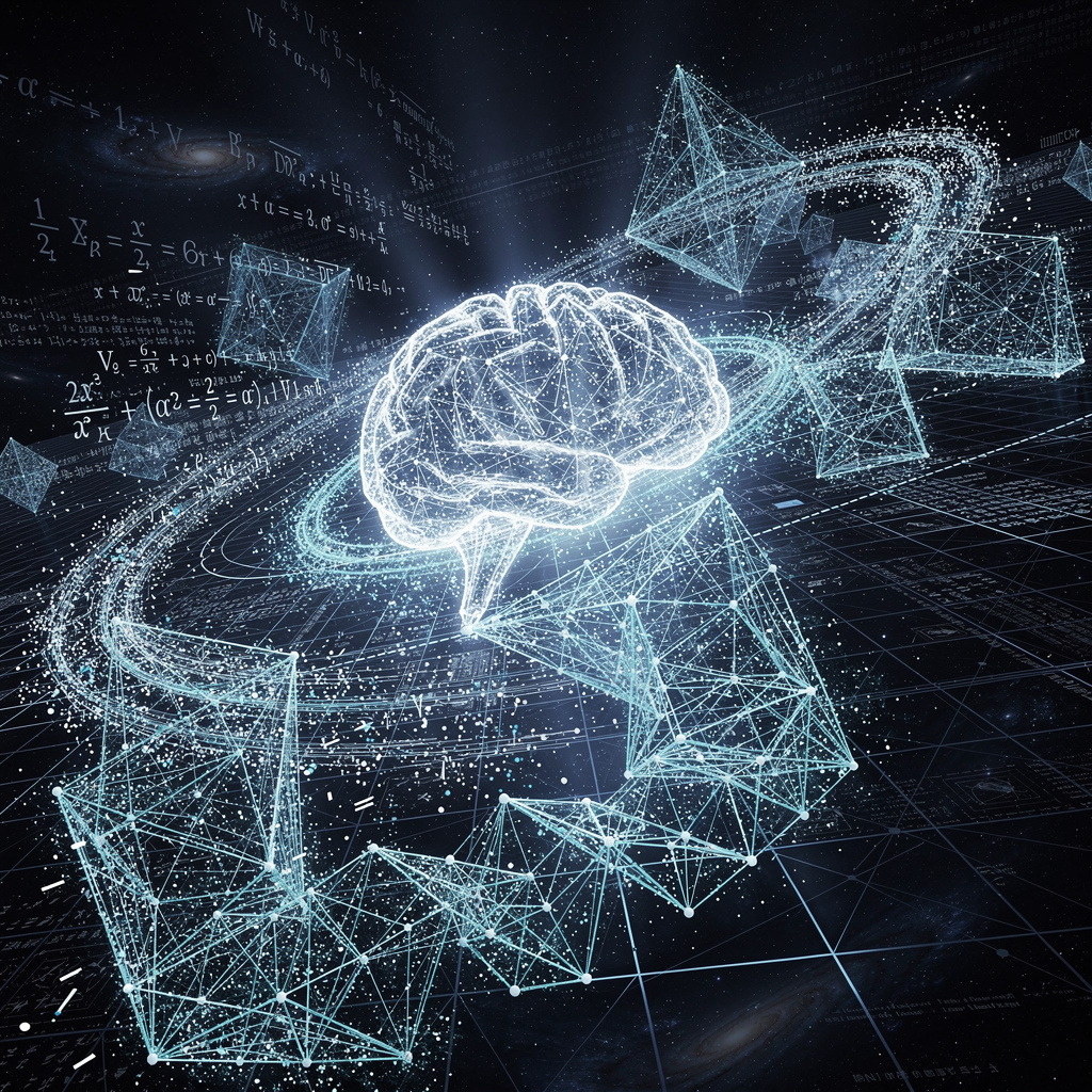 Mathematical equation and geometric point configurations on a dark background with AI neural network overlay