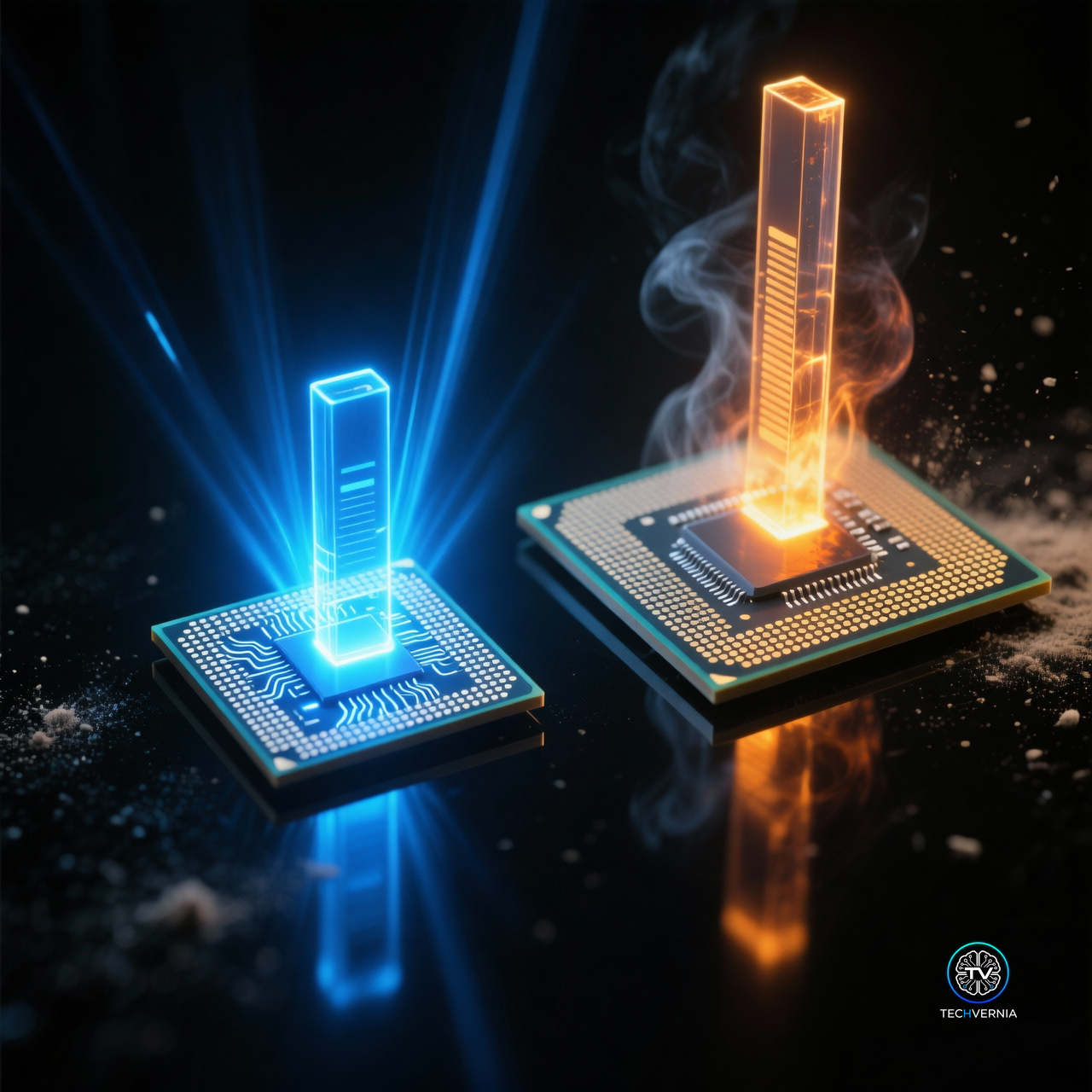 Two silicon processor dies on a dark reflective surface, the smaller one on the left radiating intense blue light from a tall holographic bar, the larger one on the right glowing dim orange under rising heat and smoke