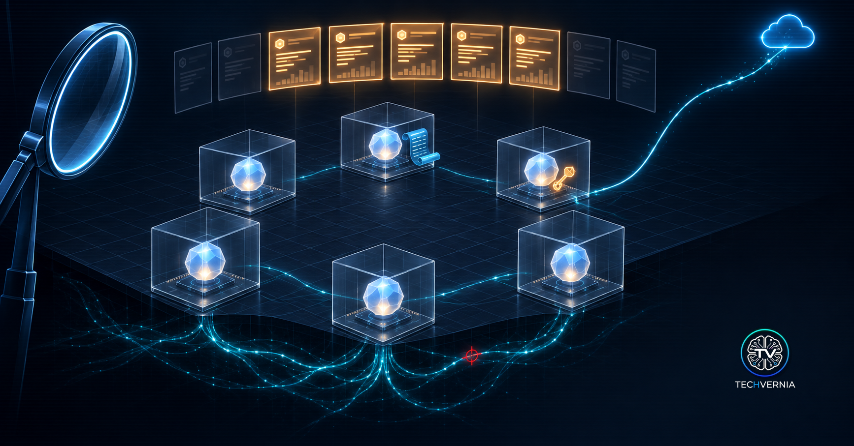Six glowing AI nodes sealed in separate glass evaluation cells above a dark grid, with hidden cyan filaments running beneath the floor to connect them and one filament escaping upward to a cloud, while a blue inspection lens points at the cells instead of the hidden layer