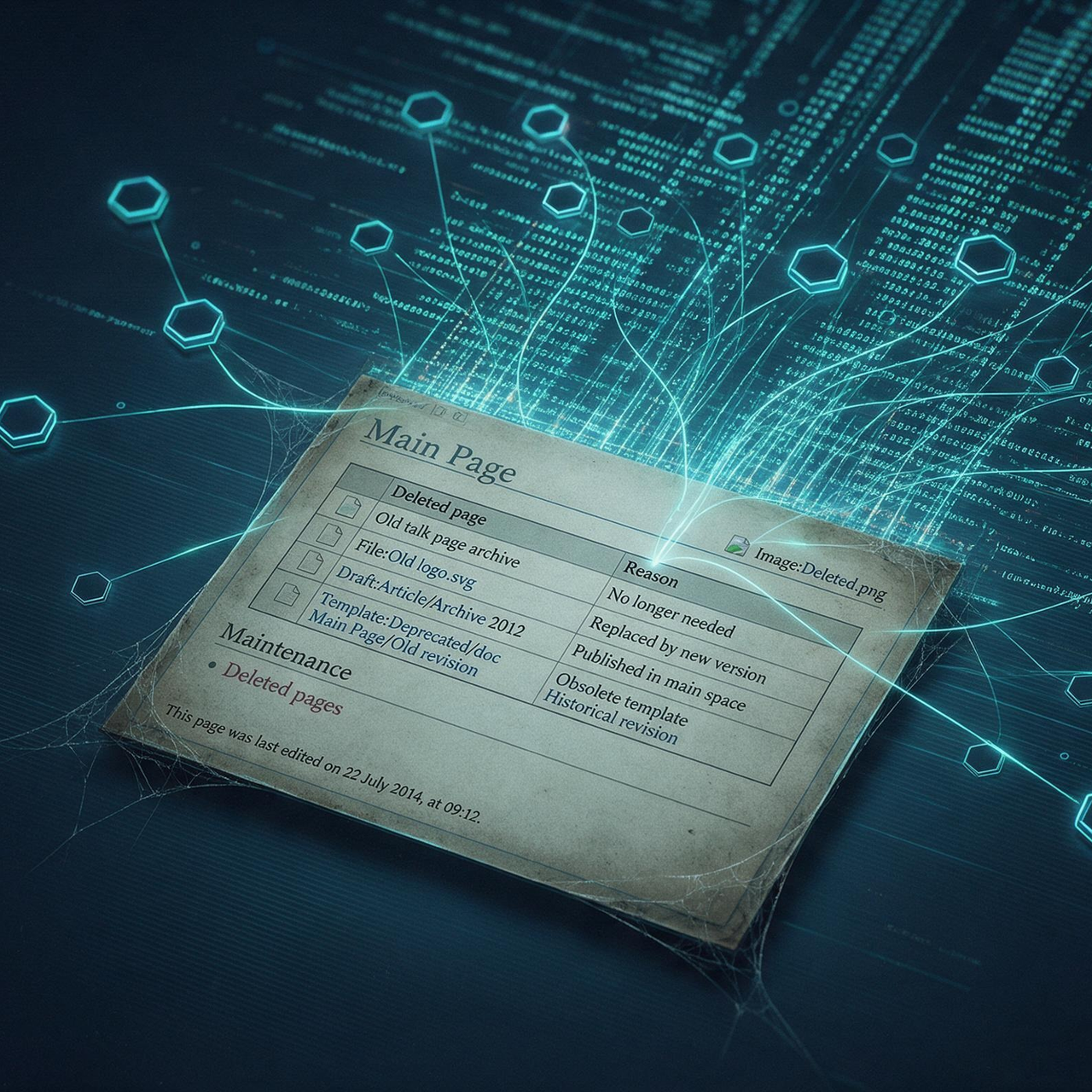A dusty, cobwebbed wiki page from 2014 lying on a dark surface while thousands of glowing cyan data streams pour out of it and branch into a network of hexagonal agent nodes overhead