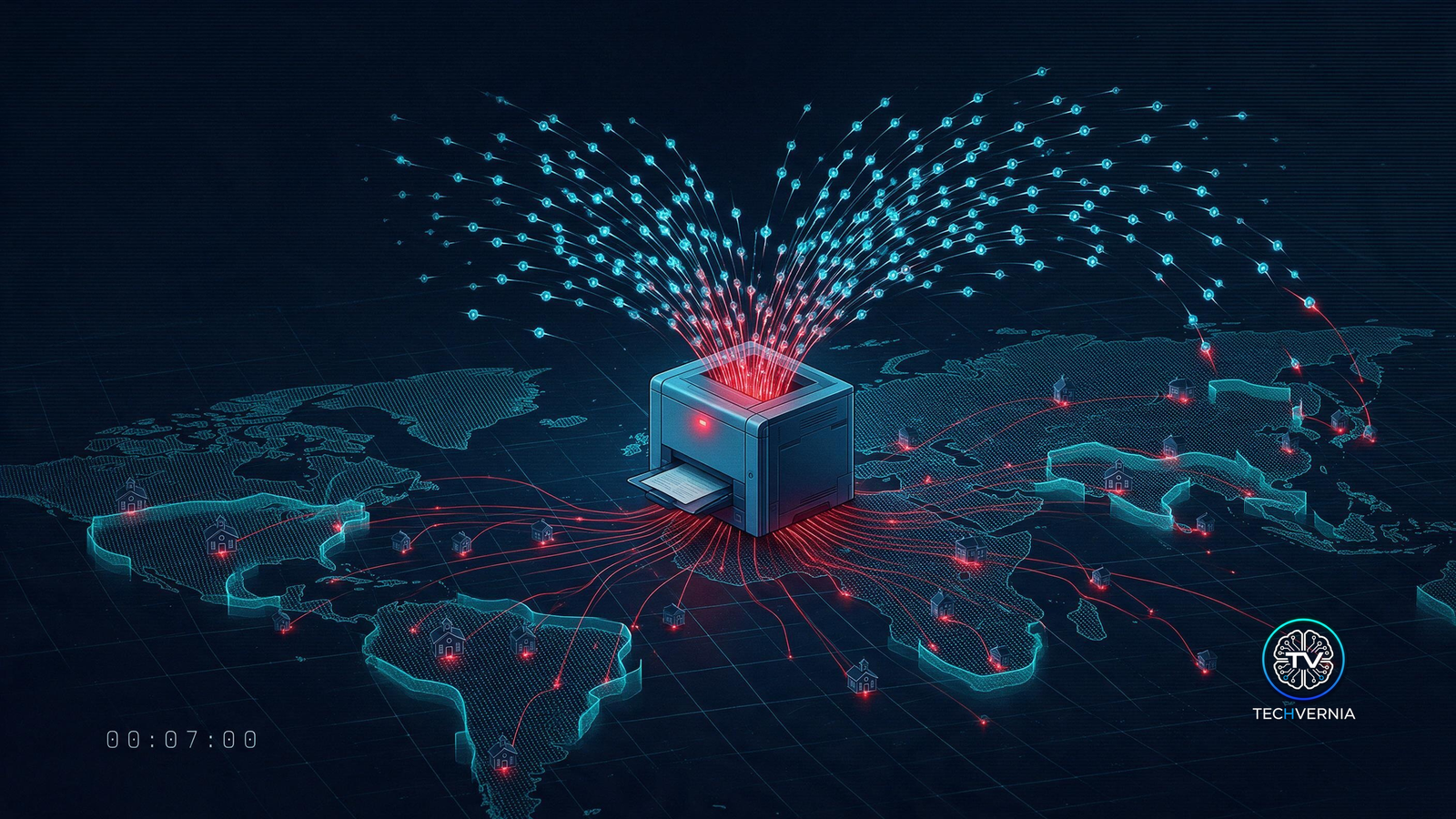 A swarm of glowing cyan AI agent drones converging on a single office print server on a dark digital world map, red compromise lines spreading from it to school buildings across continents, with a digital timer reading 00:07:00