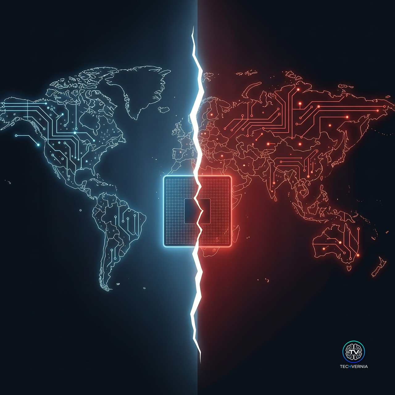 A dark world map rendered as a circuit board and split down the center by a jagged fracture of white light, with the western half glowing electric blue and the eastern half deep red, and a single microchip cracked in two resting exactly on the fault line