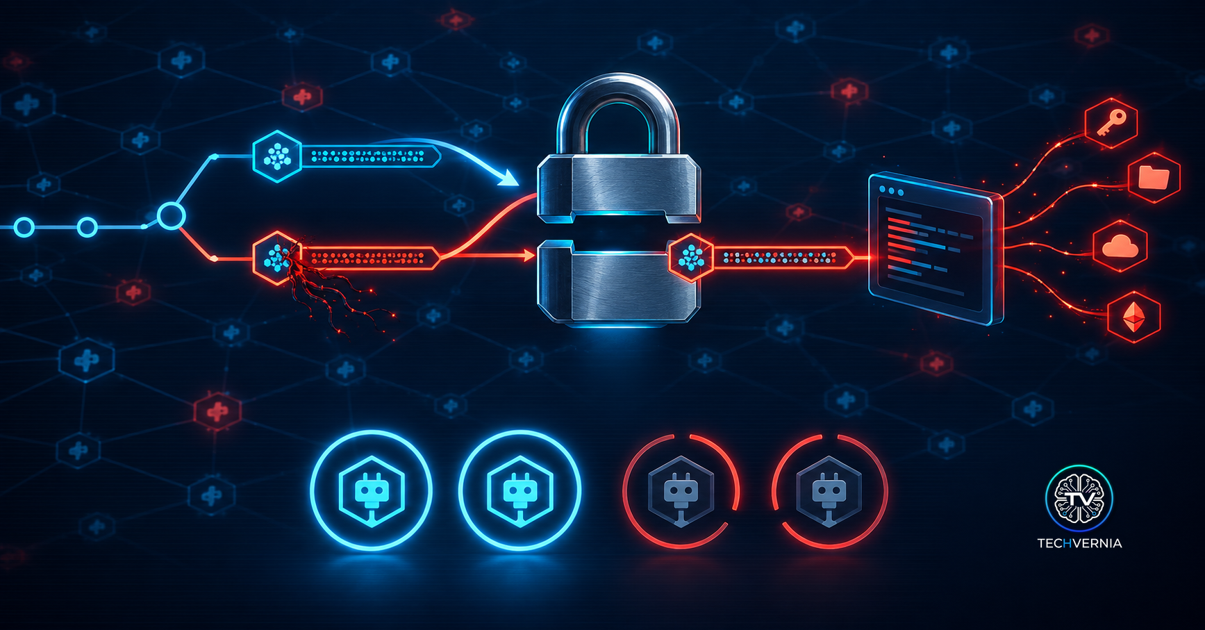 A polished metal padlock clamped shut around a glowing cyan commit-hash bar that passes straight through the empty jaws without being held, while a red corrupted git branch swaps places with the approved blue one and drains keys, files and cloud icons out of a developer terminal