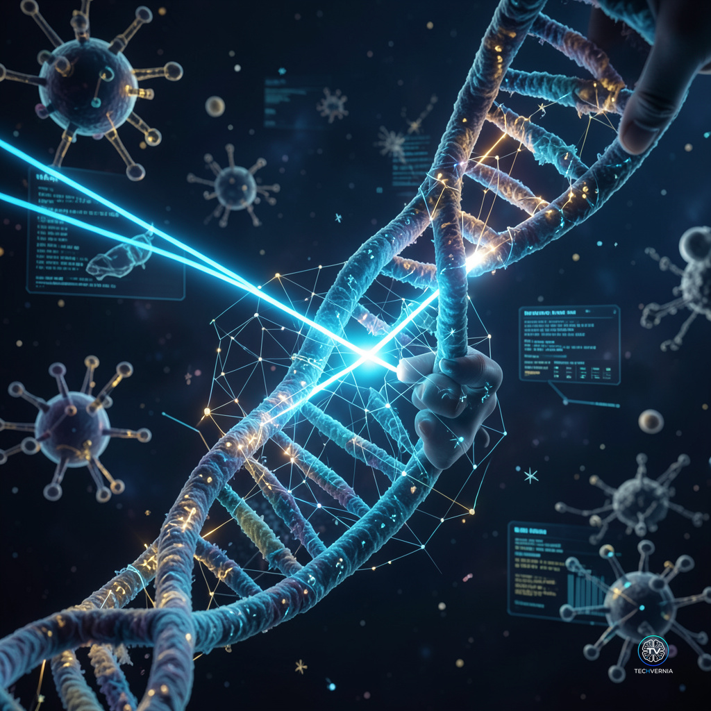 Glowing DNA double helix being edited by AI laser beams in a dark sci-fi space environment