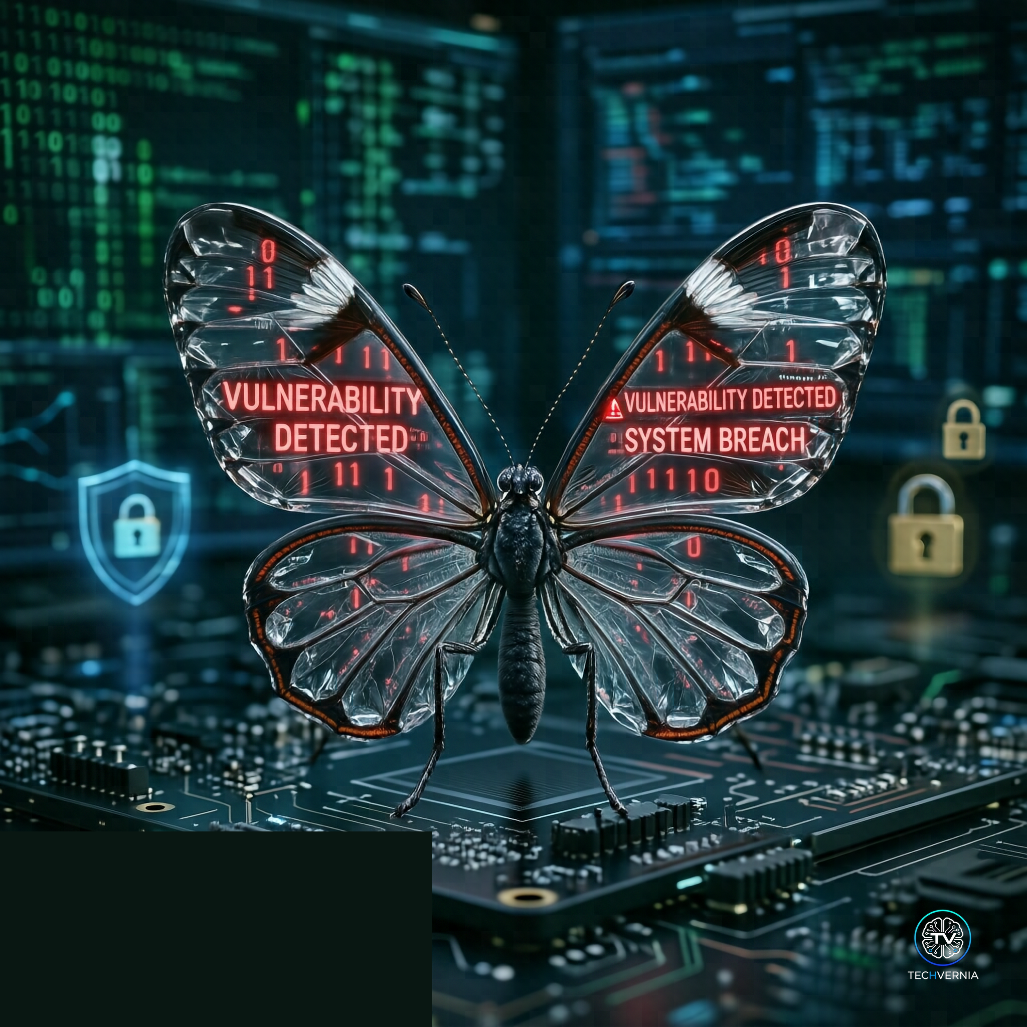 Glasswing butterfly with transparent wings revealing glowing code and security vulnerability alerts on a dark cybersecurity background