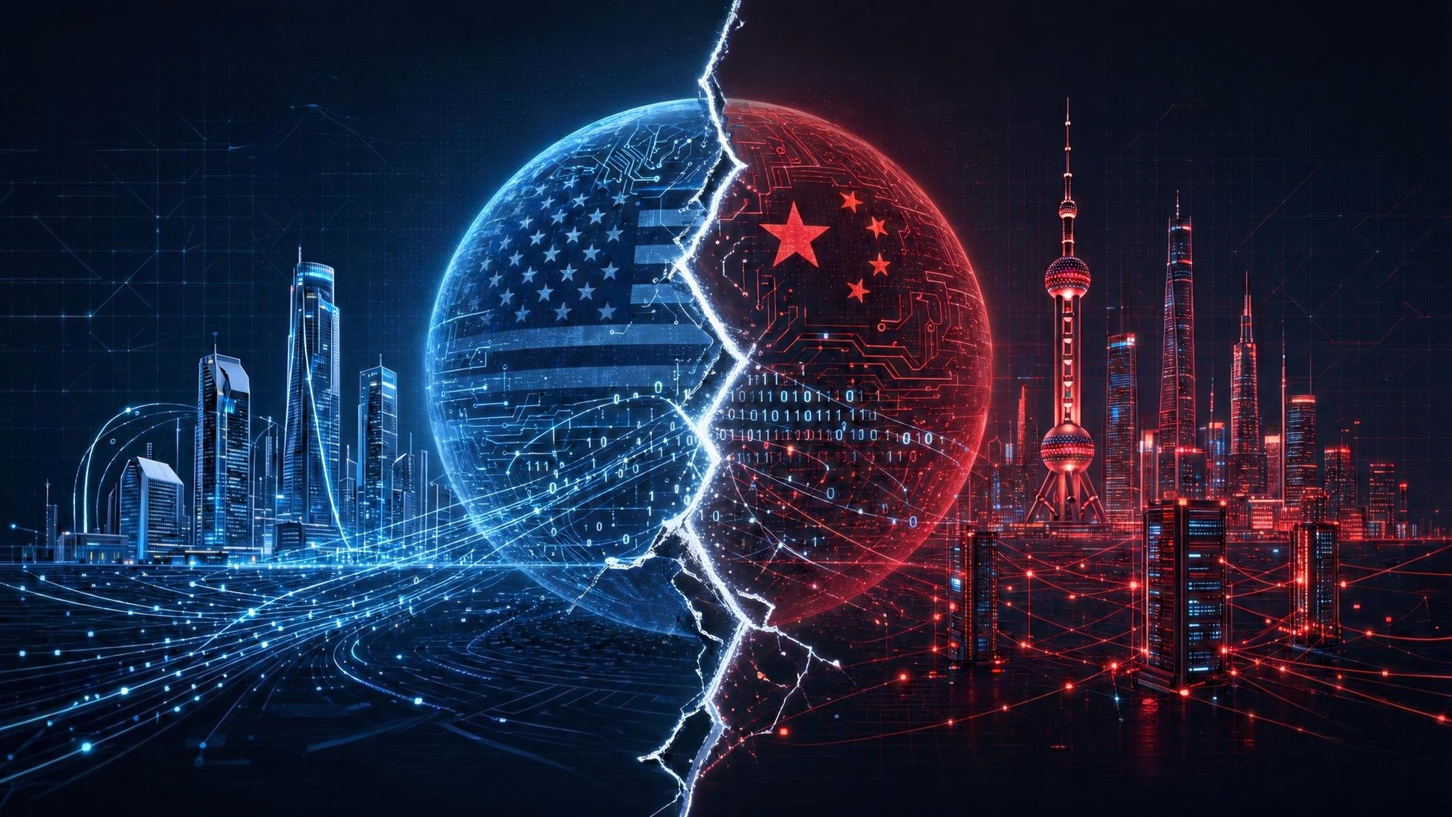 A digital globe split between a blue US-flag hemisphere and a red China-flag hemisphere, divided by a glowing cracked fault line, with the Shanghai skyline in the background, symbolizing two competing AI ecosystems
