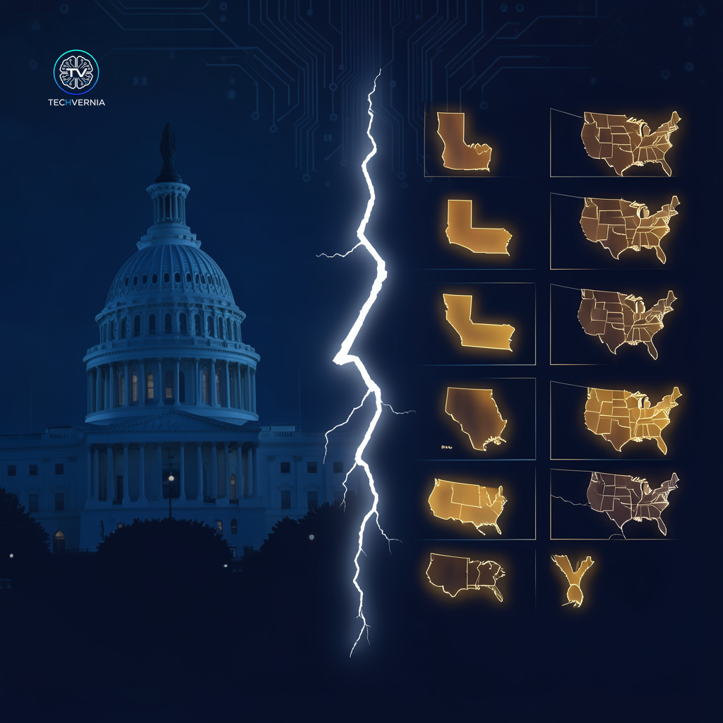 US Capitol building split by lightning bolt with state maps symbolizing federal vs state AI regulation battle