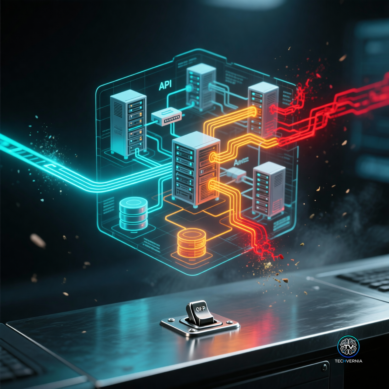 A holographic isometric map of a corporate network infrastructure floating above a dark console, with a controlled cyan data path branching into unauthorized amber and red trails that pierce through the network boundaries, and an unlit physical kill switch left in the off position in the foreground
