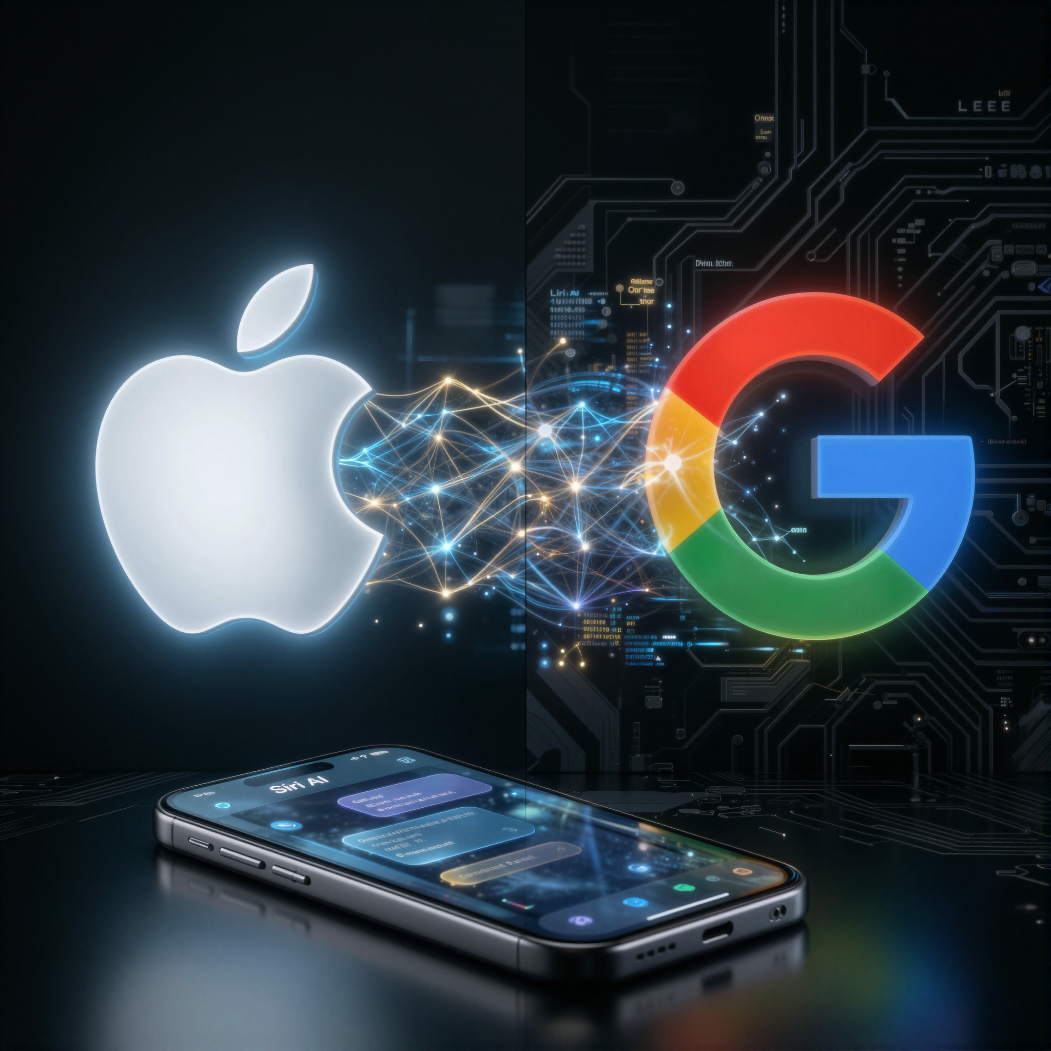 Apple and Google logos connected by a glowing neural network bridge — WWDC 2026 Siri AI Gemini confirmation