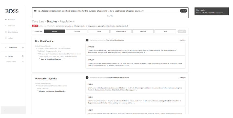 Ross Intelligence Interface Screenshot
